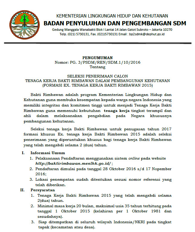 Seleksi Penerimaan Calon Tenaga Kerja Bakti Rimbawan (Ex. Tenaga Kerja Bakti Rimbawan 2015)